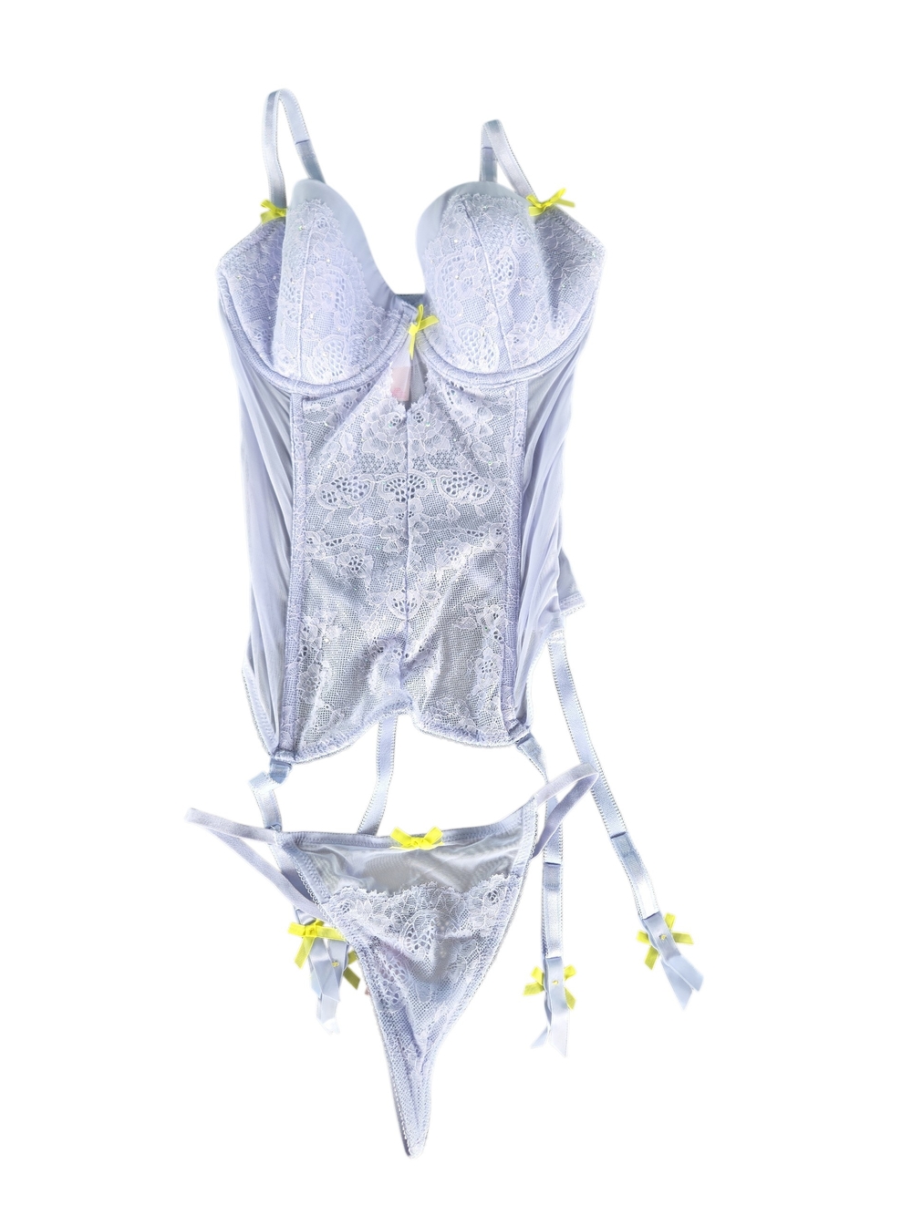 NWT Victoria's Secret Lavender Lace Yellow Bustier Lingerie Set 32D Small Panty